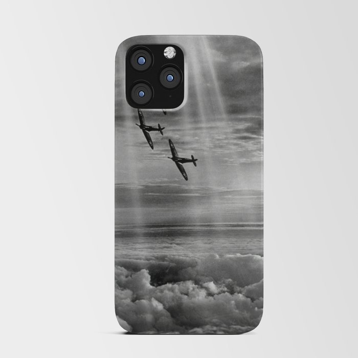 WWII Airforce flying aces flying in formation through columns, rays of sun flight pilot military black and white vintage photograph - photography - photographs iPhone Card Case