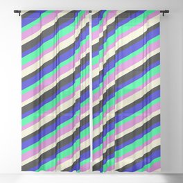 [ Thumbnail: Vibrant Blue, Green, Orchid, Light Yellow & Black Colored Striped Pattern Sheer Curtain ]