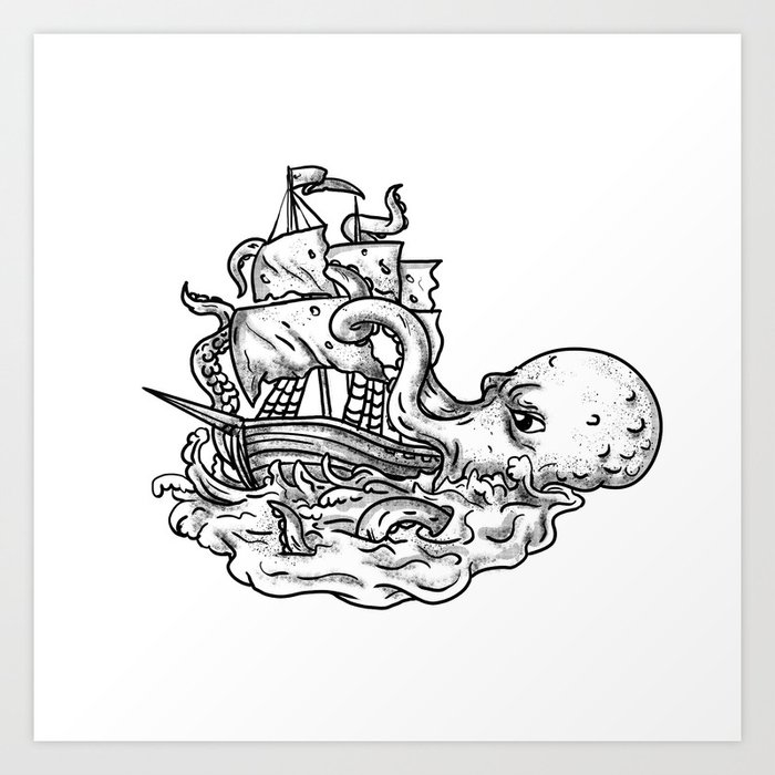 Kraken Attacking Ship Tattoo Grayscale Art Print by patrimonio | Society6