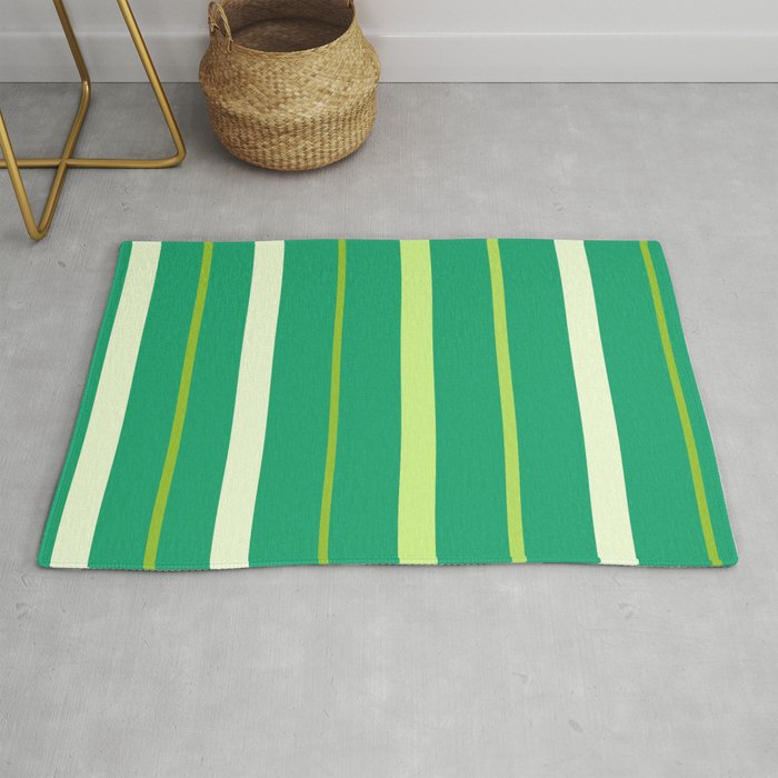 Green and White Striped Background Rug