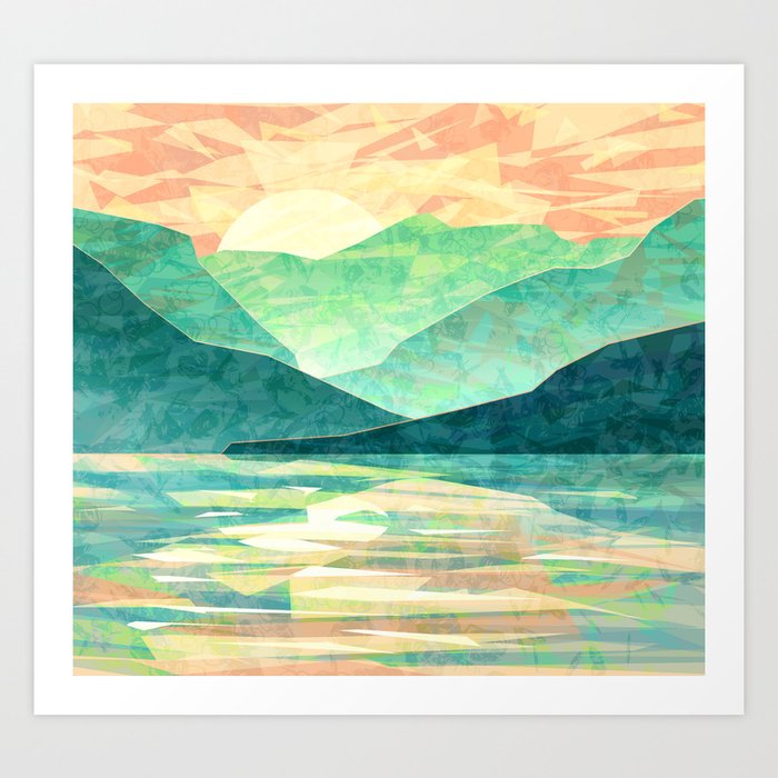 Spring Sunset Over Emerald Mountain Landscape Painting Art Print