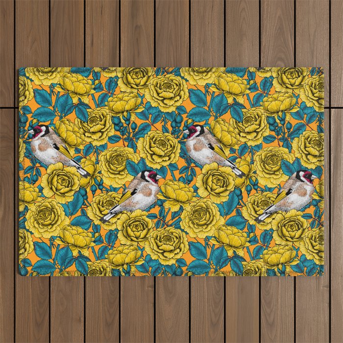  Yellow rose flowers and goldfinch birds Outdoor Rug
