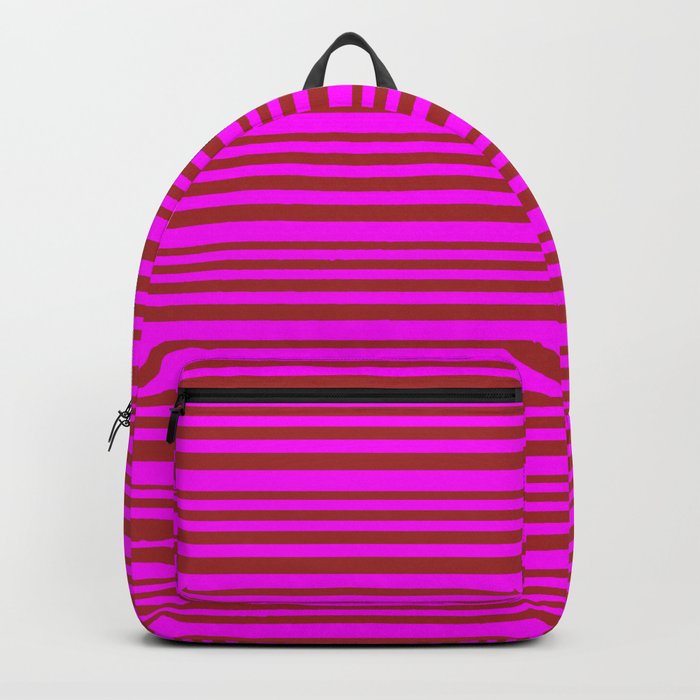 Brown & Fuchsia Colored Striped/Lined Pattern Backpack