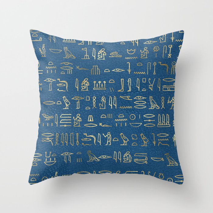 Bleu & Gold Hieroglyphics Egypt Throw Pillow