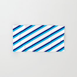 [ Thumbnail: Vibrant Tan, Blue, Black, Deep Sky Blue, and White Colored Striped/Lined Pattern Hand & Bath Towel ]