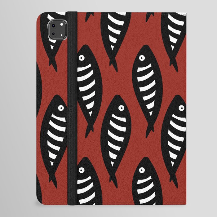 Abstract black and white fish pattern Red iPad Folio Case