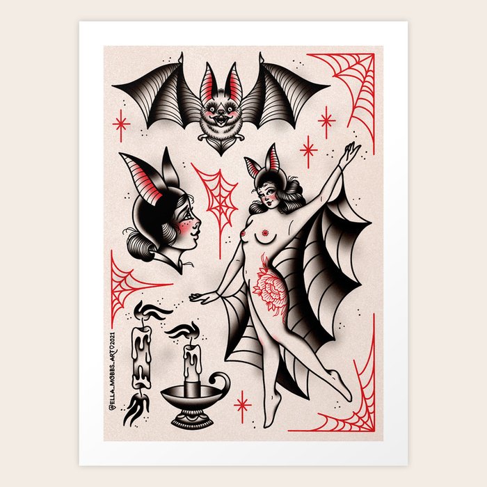 Halloween Bat Girl Pin Up Cute Traditional Tattoo Flash Style Print by