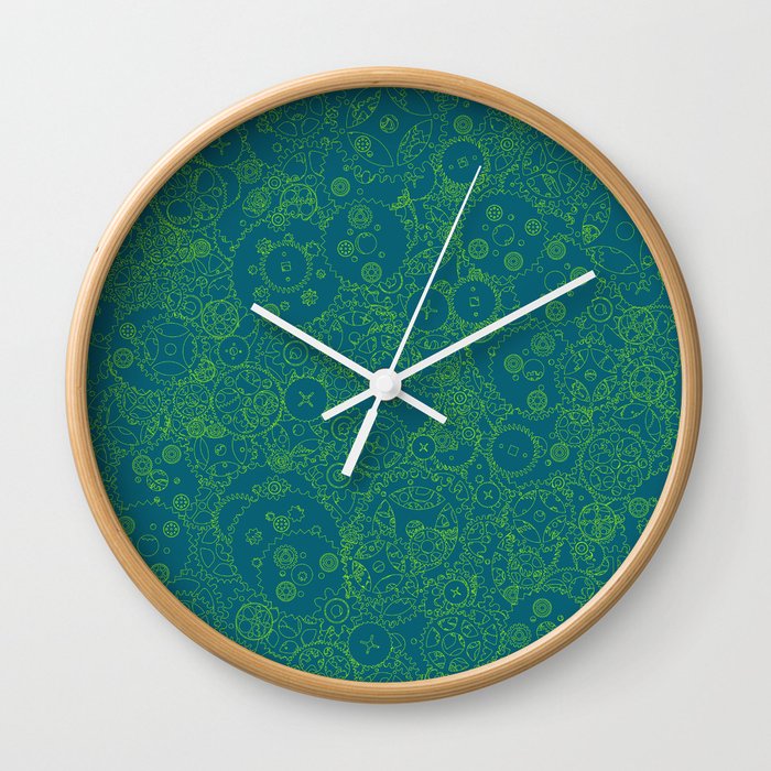 Clockwork Turquoise & Lime / Cogs and clockwork parts lineart pattern Wall Clock