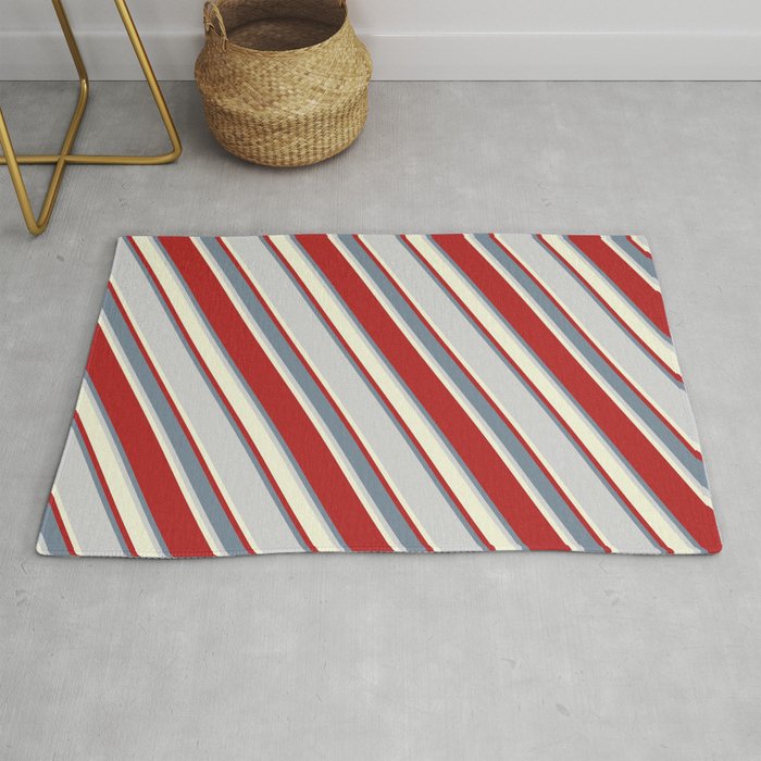 Red, Light Slate Gray, Light Grey & Beige Colored Pattern of Stripes Rug