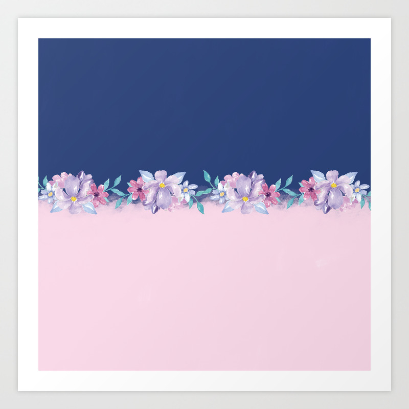 Colorblock Pink Lavender Navy Blue Watercolor Floral Art Print By