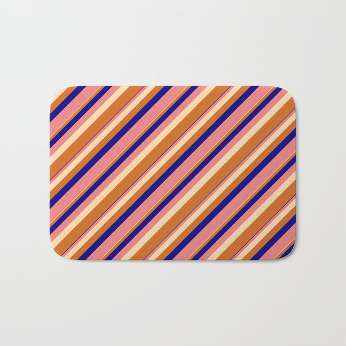 Blue, Light Coral, Tan & Chocolate Colored Lined/Striped Pattern Bath Mat