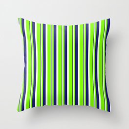 [ Thumbnail: Chartreuse, White & Midnight Blue Colored Stripes Pattern Throw Pillow ]