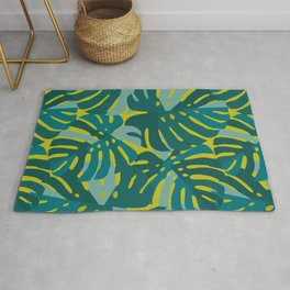 Monstera Leaves in Teal Area & Throw Rug