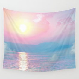 Magical landscape in pink sunset Wall Tapestry | Magicalview, Double Exposure, Pinksea, Softpink, Photo, Pastelcolors, Color, Seaview, Clouds, Digital 