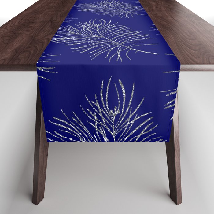 Large scale silver branches pattern indigo background Table Runner
