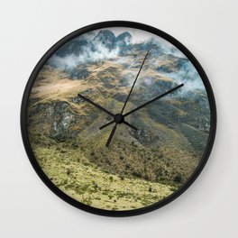 Mountain Scene | Cloudy Green Mountain Nature Landscape Photography in Peru Wall Clock