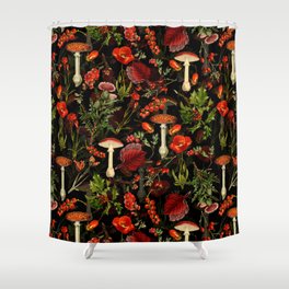 Vintage Dark Red Mushrooms And Poppies Botanical Midnight Garden Shower Curtain