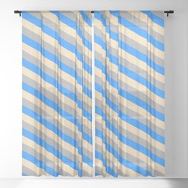 [ Thumbnail: Tan, Dark Grey, and Blue Colored Pattern of Stripes Sheer Curtain ]