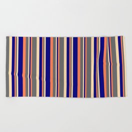 [ Thumbnail: Coral, Dim Gray, Tan & Blue Colored Pattern of Stripes Beach Towel ]