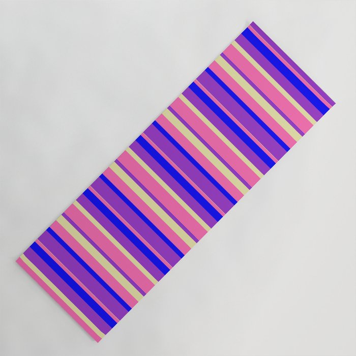 Hot Pink, Pale Goldenrod, Dark Orchid & Blue Colored Stripes Pattern Yoga Mat