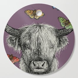 Heather the Highland Cow, Butterflies, pen and ink illustrations, purple Cutting Board