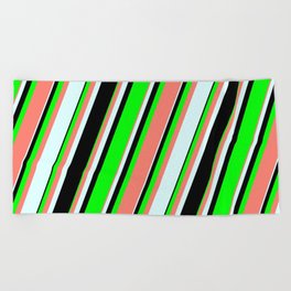 [ Thumbnail: Lime, Salmon, Light Cyan, and Black Colored Striped Pattern Beach Towel ]