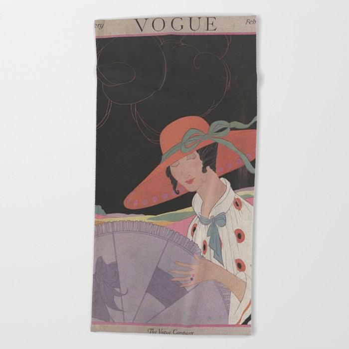 Vintage Fashion Magazine Cover Illustration February 1917- Woman in red Hat Beach Towel