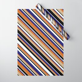 [ Thumbnail: Eyecatching Tan, Black, Mint Cream, Midnight Blue & Chocolate Colored Striped Pattern Wrapping Paper ]