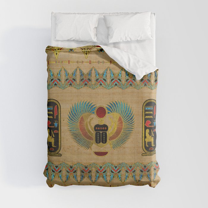 Egyptian Scarab  beetle  Ornament on papyrus Duvet Cover