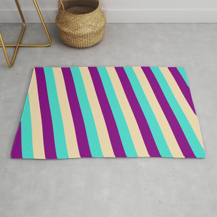 Turquoise, Purple & Tan Colored Stripes/Lines Pattern Rug