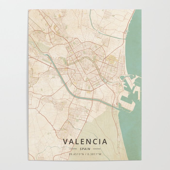 Valencia, Spain - Vintage Map Poster