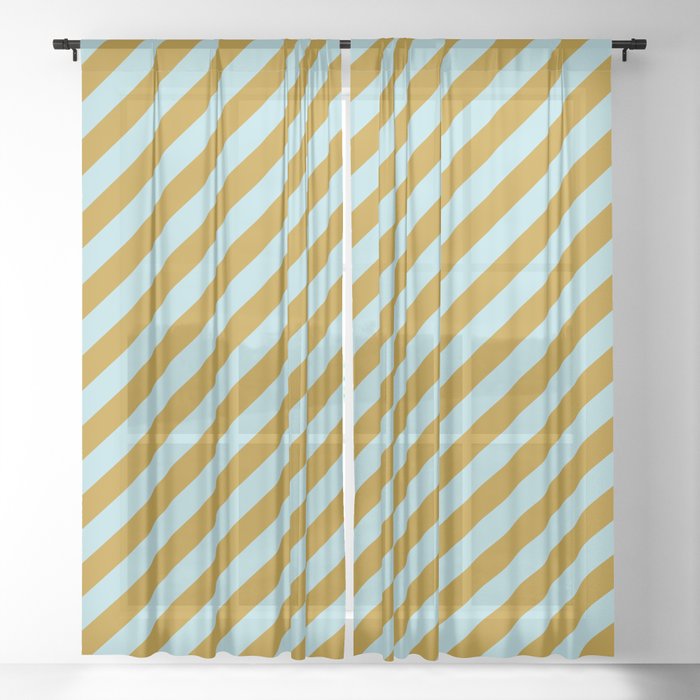 Dark Goldenrod & Powder Blue Colored Striped Pattern Sheer Curtain
