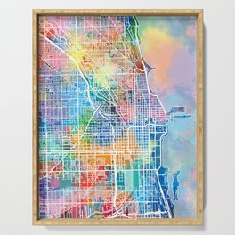 chicago map watercolor Serving Tray