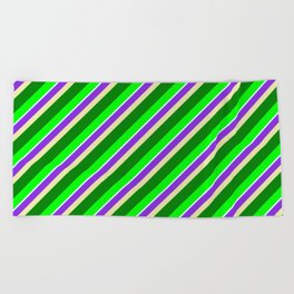 [ Thumbnail: Colorful Purple, Pale Goldenrod, Green, Lime & Light Cyan Colored Stripes/Lines Pattern Beach Towel ]