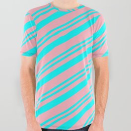 [ Thumbnail: Aqua and Light Pink Colored Stripes/Lines Pattern All Over Graphic Tee ]