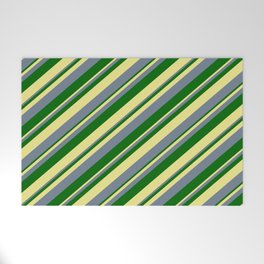 [ Thumbnail: Slate Gray, Dark Green & Tan Colored Lines/Stripes Pattern Welcome Mat ]