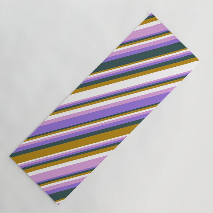 Colorful Dark Goldenrod, White, Plum, Purple & Dark Slate Gray Colored Lines/Stripes Pattern Yoga Mat