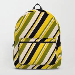 [ Thumbnail: Yellow, Green, Beige, and Black Colored Lines/Stripes Pattern Backpack ]