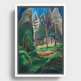 Into the forest giant trees, redwoods, sequoias, douglas fir nature landscape painting by Emily Carr for home, bedroom, & wall decor Framed Canvas
