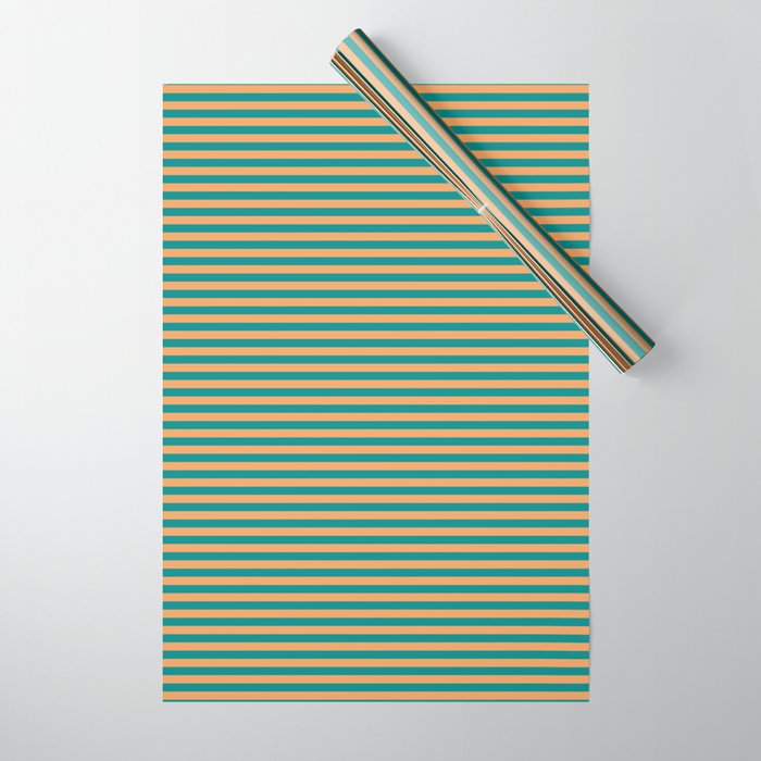 Brown & Dark Cyan Colored Lined Pattern Wrapping Paper