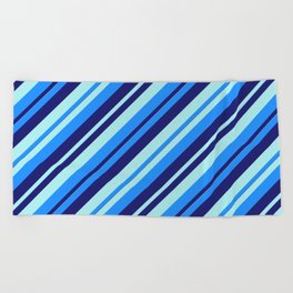 [ Thumbnail: Blue, Midnight Blue, and Turquoise Colored Lined/Striped Pattern Beach Towel ]