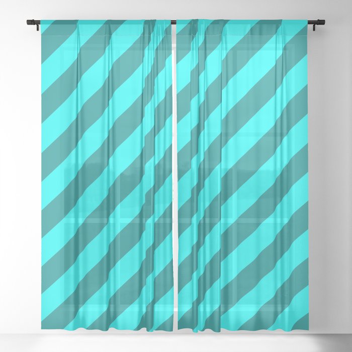 Aqua & Dark Cyan Colored Stripes Pattern Sheer Curtain