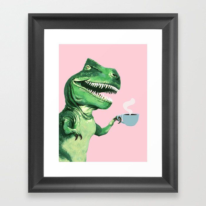 T-Rex Enjoying Coffee in Pink Framed Art Print