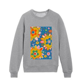 Dulcie Flowers Colorful Retro Cheerful Abstract Blue Yellow Floral Pattern Kids Crewneck