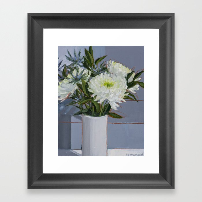 White Chrysanthemums and Blue Eryngium Framed Art Print