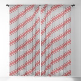 [ Thumbnail: Dark Gray & Red Colored Lined/Striped Pattern Sheer Curtain ]