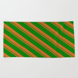 [ Thumbnail: Chocolate and Green Colored Lined/Striped Pattern Beach Towel ]