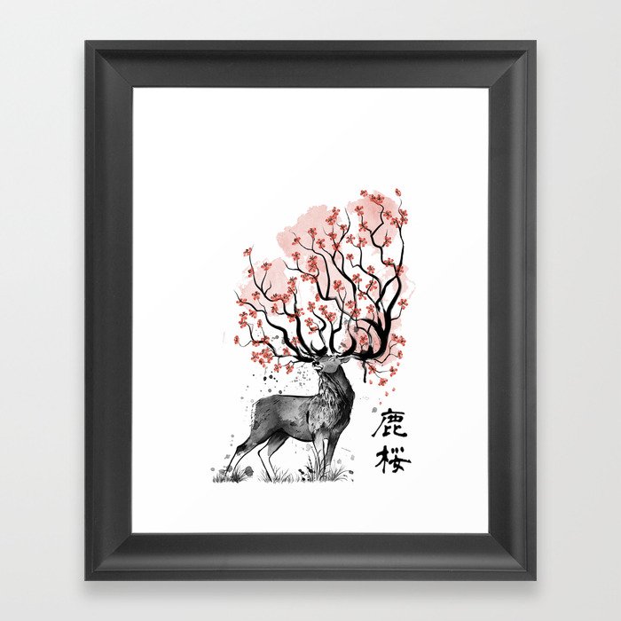 Sakura Deer Framed Art Print