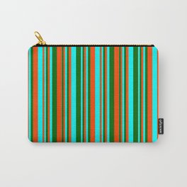 [ Thumbnail: Red, Cyan, and Dark Green Colored Lined/Striped Pattern Carry-All Pouch ]