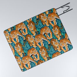 The Hunt - Stalking Tigers on Teal Blue and Green Picnic Blanket